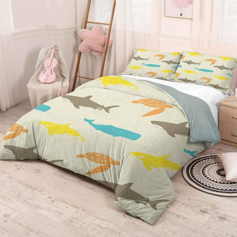 HELLOLEON (King) Sea Animals 3-Pack (1 Duvet Cover and 2 Pillowcases) Bedding Pattern with Whale Shark and Turtle Aquarium Doodle Style Marine Life Polyester Ivory Taupe Peach
