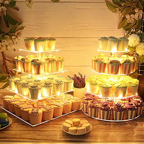 4 Tier Square Acrylic Cupcake Stand, Clear Cake Dessert Display Stand with LED String Lights, Wedding Party Tree Tower Stand