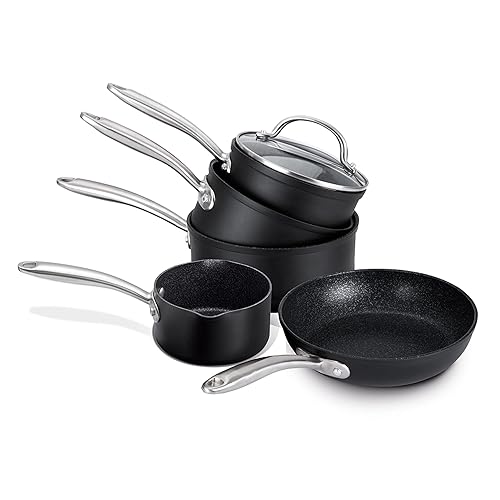 Prestige SG Alu 4+1pc Set with Bonus Milkpan (16/18/20cm Cov Saucepan, 29cm Fry + free milkpan), Black