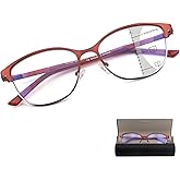 FEIVSN Cat Eye Progressive Multifocus Reading Glasses for Women No Line Multifocal Readers Metal Frame with Hard Case (Workspace For Near Range, Red + Silver, +1.75)
