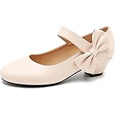Peijely Women's Bow Mary Jane Low Chunky Heel Pumps Ankle Strap Side Bow Round Toe Dress Wedding Party Shoes