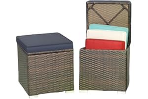 MEDIMALL Patio Wicker Ottoman Set of 2, Multipurpose Outdoor Footstool w/Removable Cushions, Rattan Side Table w/Storage, Footstool Ottoman Seat for Garden, Backyard, Poolside (Navy)