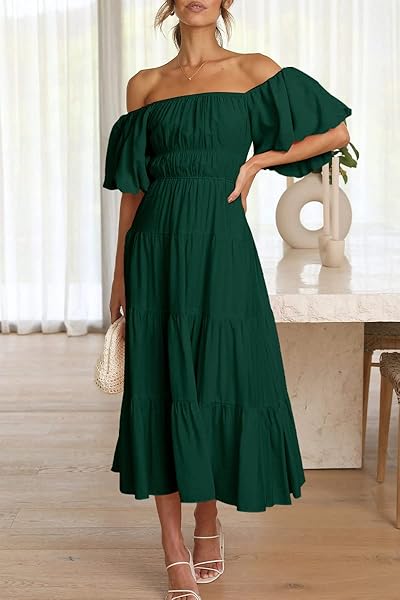 LILLUSORY WOMENS GREEN OFF THE SHOULDER PUFF SLEEVE 2023 SMOCKED BABYDOLL FLOWY BOHO MIDI TRENDY SPRING SUMMER SMOCKED DRESS