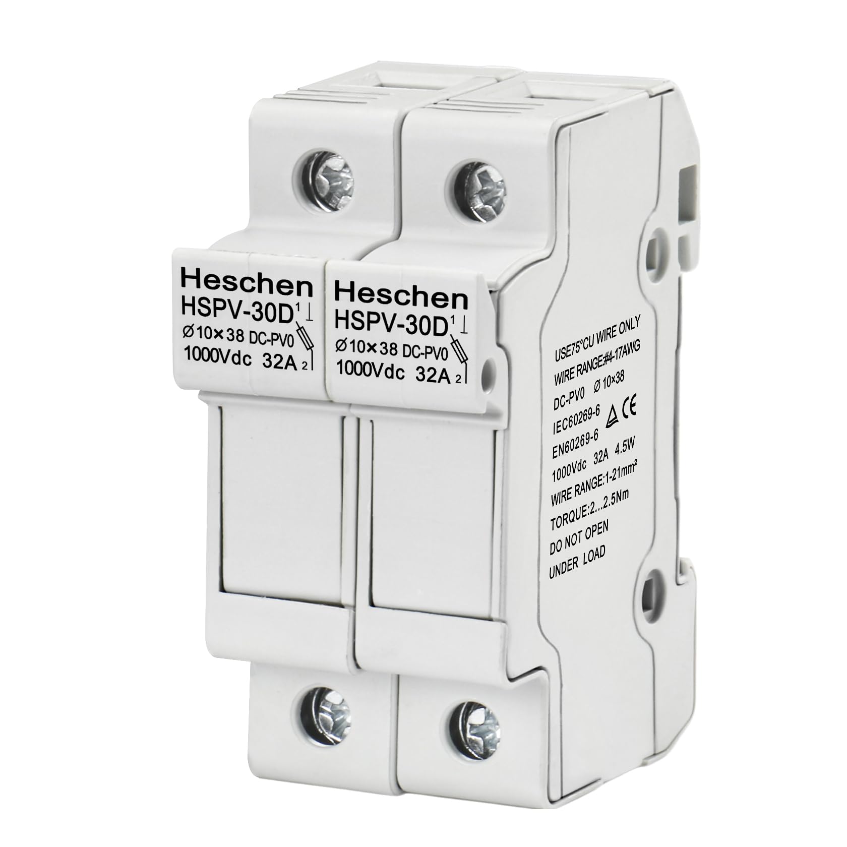 Heschen Solar/Photovoltaic Fuse Holder, PV Holder, HSPV-30D, DC1000V 32A, 2 Pole, 35mm DIN Rail Mounting, for HSPV-30 ST-10PV 10 * 38mm Fuse, CE Listed (1)