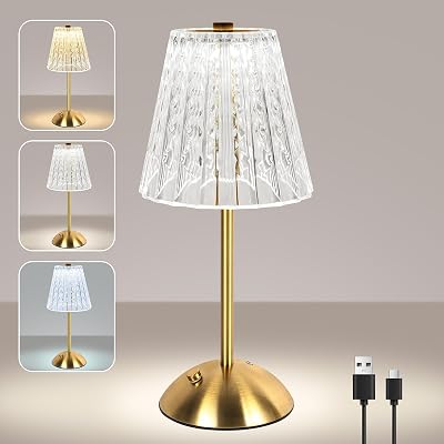 Lampada da Tavolo Ricaricabile e Senza Fili, 2000mAh Dimmerabile Abat Jour da Comodino Cristallo, Lampada da Comodino Touch Dimmerabile, 3 Colori USB-C, per Camera, Salotto, Ufficio, Bar, oro