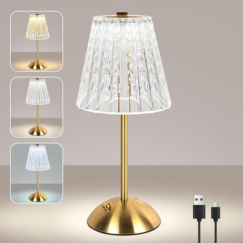 Lampada da Tavolo Ricaricabile e Senza Fili, 2000mAh Dimmerabile Abat Jour da Comodino Cristallo, Lampada da Comodino Touch Dimmerabile, 3 Colori USB-C, per Camera, Salotto, Ufficio, Bar, oro