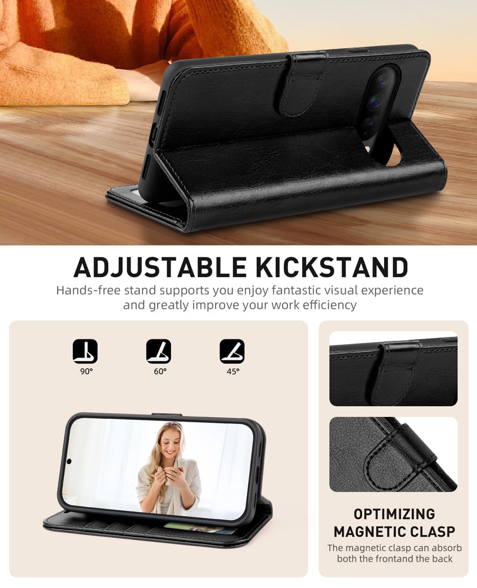 OCASE Kompatibel für Google Pixel 10 Pro XL Hülle PU Leder [Standfunktion] [Kartenfach] [RFID-Sperrung Schützt] Handyhülle Lederhülle Klapphülle Kartenfach Flip Cover Schwarz 3