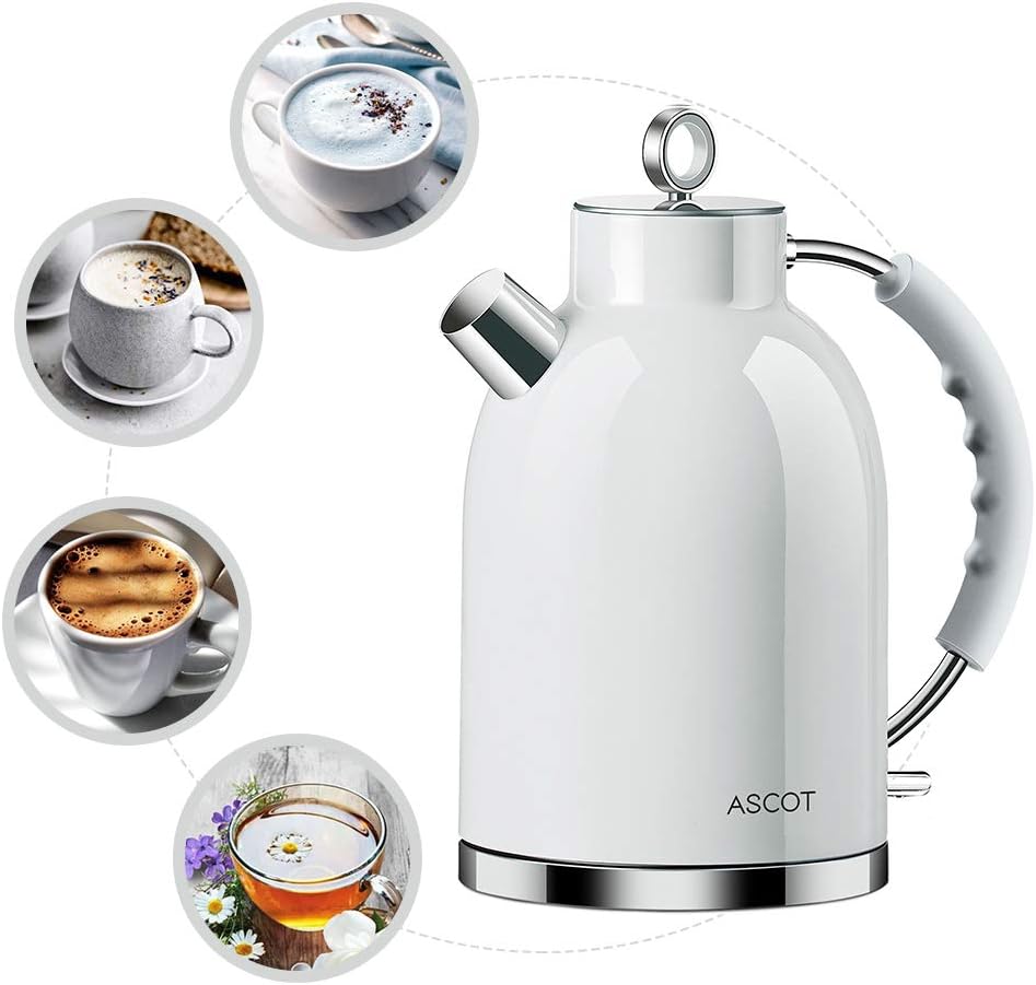 Electric Kettle, ASCOT Stainless Steel Electric Tea Kettle, 1.7QT, 1500W, BPA-Free, Cordless, Automatic Shut-off, Fast Boiling Water Heater - White: Kitchen & Dining