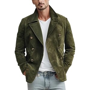 LBOVBE Men Suede Blazer Jacket Long Sleeve Double Breasted Lapel Collar Coat Vintage Business Casual Fall Winter Outerwear