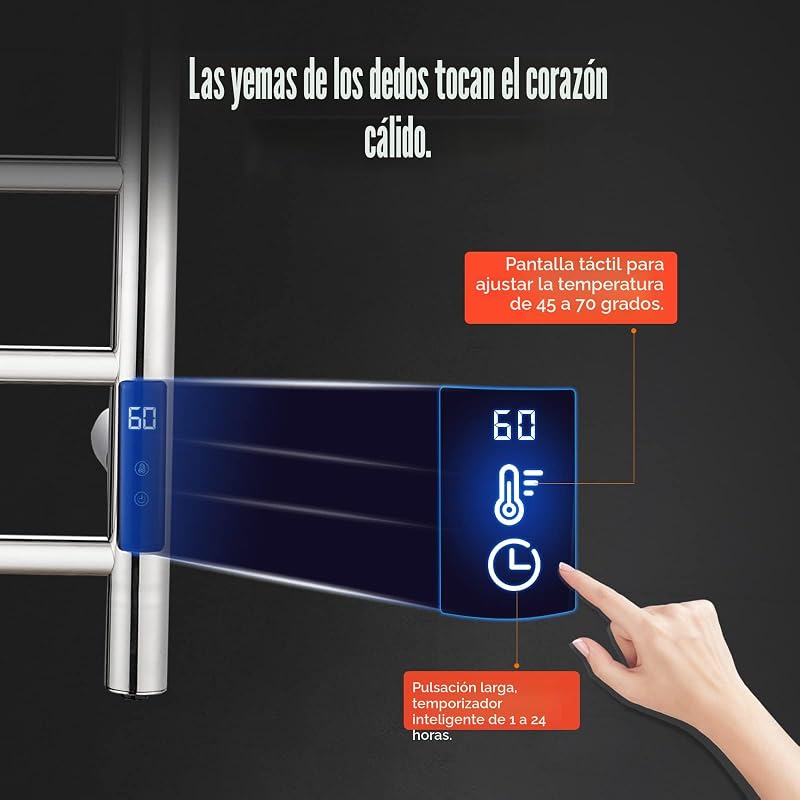 Toallero Eléctrico con Temporizador,Toallero Eléctrico de Pared Inteligente a Temperatura Ajustable,145W,Acero Inoxidable,680 x 500 mm,Plata — foto 4 de 6
