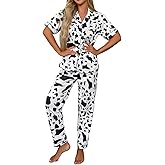 WDIRARA Women's 2 Piece Cow Print Button Down Short Sleeve Top and Pants Pj Set
