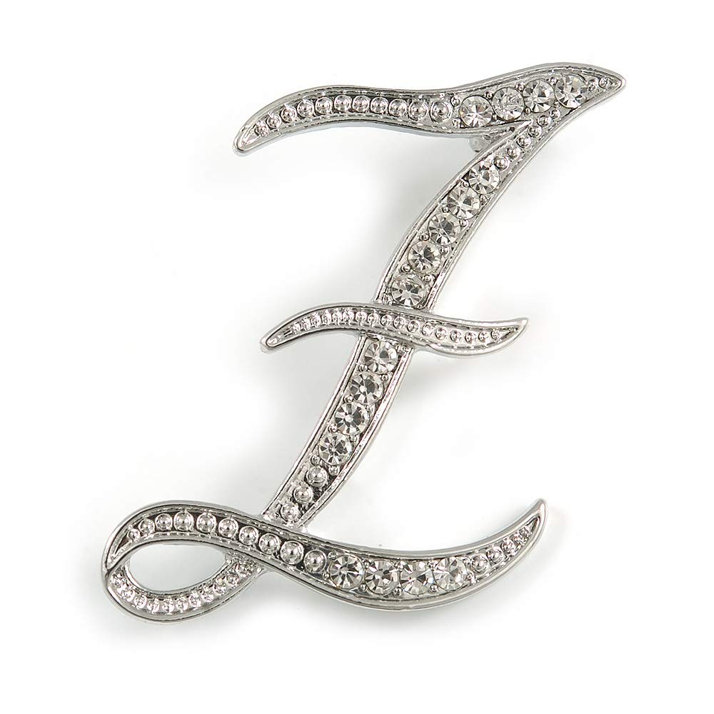 'Z' Rhodium Plated Clear Crystal Letter Z Alphabet Initial Brooch Personalised Jewellery Gift - 40mm Tall