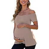 Women's Off The Shoulder Maternity Tops 2025 Trendy Summer Short Sleeve T Shirts Slim Pregnancy Shirts