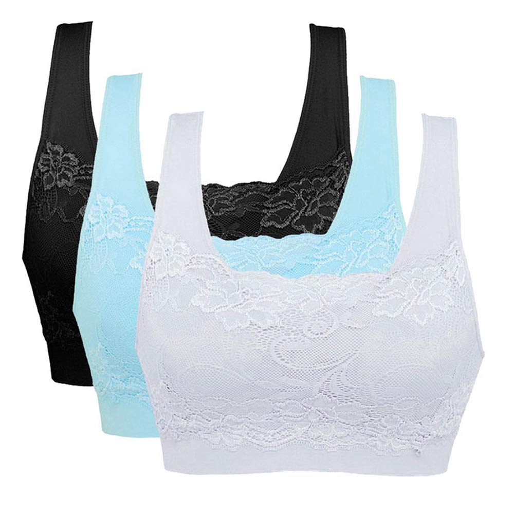 Vertvie Women Lace Sports Bra 3PCS Wireless Support Bra Seamless Push Up Crop Top Camisole with Removable Pads Lounge Bra for Yoga Fitness Running Exercise(Black+White+Blue EU XL/Tag 2XL)