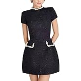 platlogy Women's Short Sleeve Tweed Dress Pearl Trim Mock Neck Bodycon Mini Dresses for Formal Occasions Evening Parties