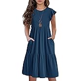 HOSIKA Girls Summer Ruffle Short Sleeve Crew Neck Loose Casual Flowy Tiered Short Dress with Pockets for 6-12 Y