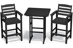 SERWALL Balcony Adirondack Chairs and Table 3 Pieces Set, Adirondack Bar Height Chairs Set of 2 and Bar Table, Outdoor Bar Stools Set for Bistro, Poolside, Backyard, Black