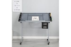 Gynsseh Glass Drafting Table, Adjustable Art Table Drawing Desk with 4 Rolling Wheels and Drawers, 75° Tilting Toptable Versatile Art Craft Station for Artist Painters Home Office, Silver