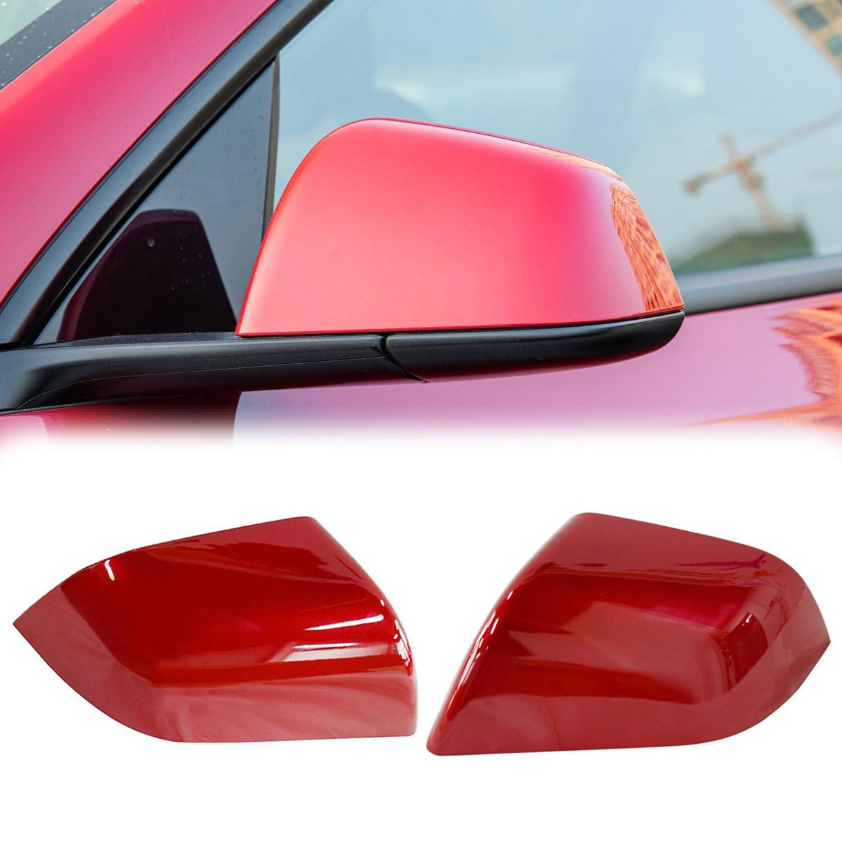 Photo 1 of Left & Right Side Rearview Mirror Cover Cap For Tesla Model 3 Model Y 2017 2018 2019 2020 2021 2022 2023 (Red for Model Y)