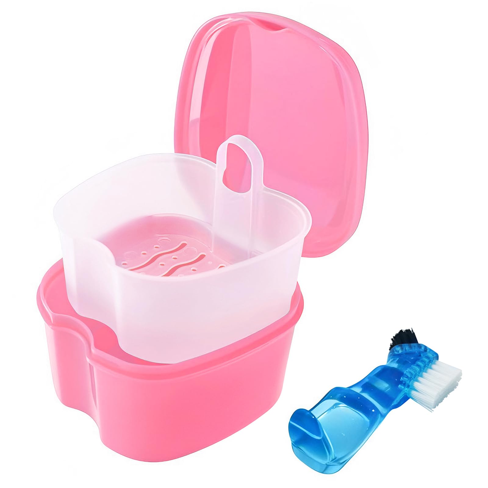 Keedolla Denture Cleaning Case Orthodontic Dental Retainer Container,Denture Holder Case Retainer Soaking Cups for Travel, Camping, Office - Pink — image 1