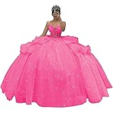 PFTFB Puffy Tulle Quinceanera Dresses with Bow Strapless Long Sweet 16 Dresses Sweetheart Layered Quince Dress