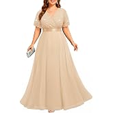 Pinup Fashion Plus Size Formal Dress Wedding Guest Sequin Long Evening Gown | Sequin lace, chiffon, wrap V-neck, short sleeves, empire waist, floor-length, mother of bride/groom, gala, prom, bridesmaid