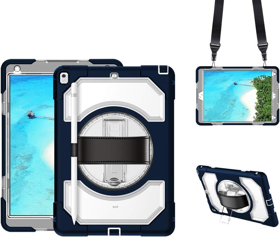 GROLEOA iPad Air 3/ iPad Pro 10.5 Case with Pencil Holder and Stand, Easy Carrying iPad 10 Inch Case with Leather Hand Strap, Shoulder Strap, Shockproof 360 Rotate Case for iPad Air 3(Clear+Navy Blue)