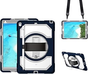 GROLEOA iPad Air 3/ iPad Pro 10.5 Case with Pencil Holder and Stand, Easy Carrying iPad 10 Inch Case with Leather Hand Strap, Shoulder Strap, Shockproof 360 Rotate Case for iPad Air 3(Clear+Navy Blue)