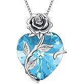 OCJ Valentines Day Gifts for Women Birthstone Necklace 925 Sterling Silver Rose Flower Heart Pendant Necklace Fine Jewelry Anniversary Valentine Birthday Gifts for Women Her Wife Girlfriend