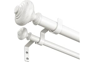 WOLISTSA White Double Curtain Rods for Windows 72 to 144 inch, Farmhouse Vintage Decorative 1 Inch Adjustable Long Dual Curtain Rod, Heavy Duty Boho Double Drapery Pole with Antique White Grain Finial