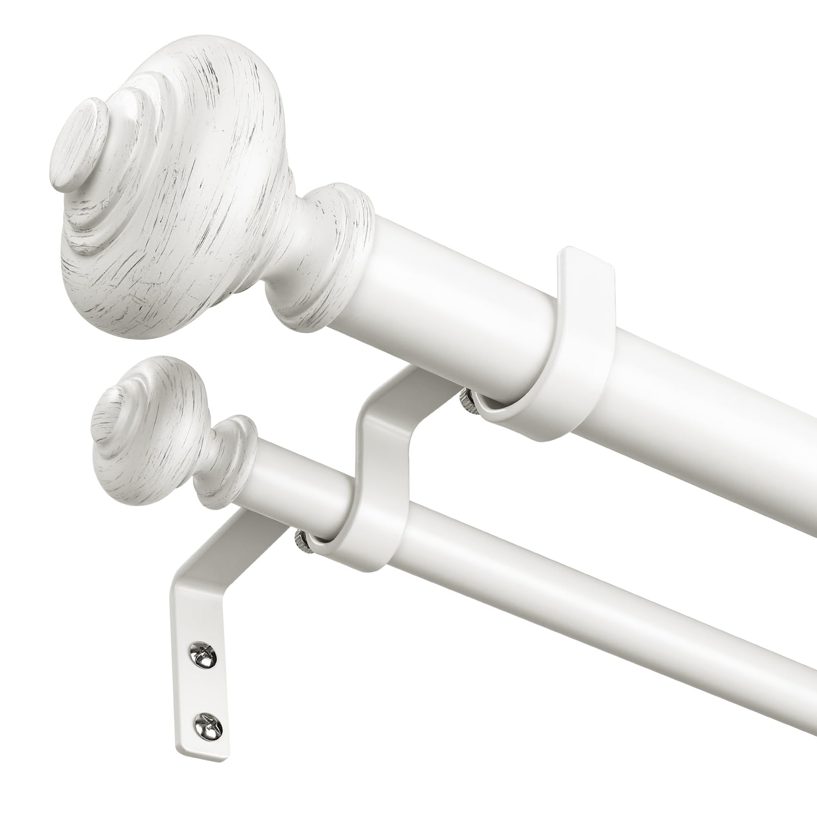 Photo 1 of White Double Curtain Rods for Windows 66 to 120 inch, Farmhouse Vintage Decorative 1 Inch Adjustable Long Dual Curtain Rod, Heavy Duty Boho Double Drapery Pole with Antique White Grain Finial