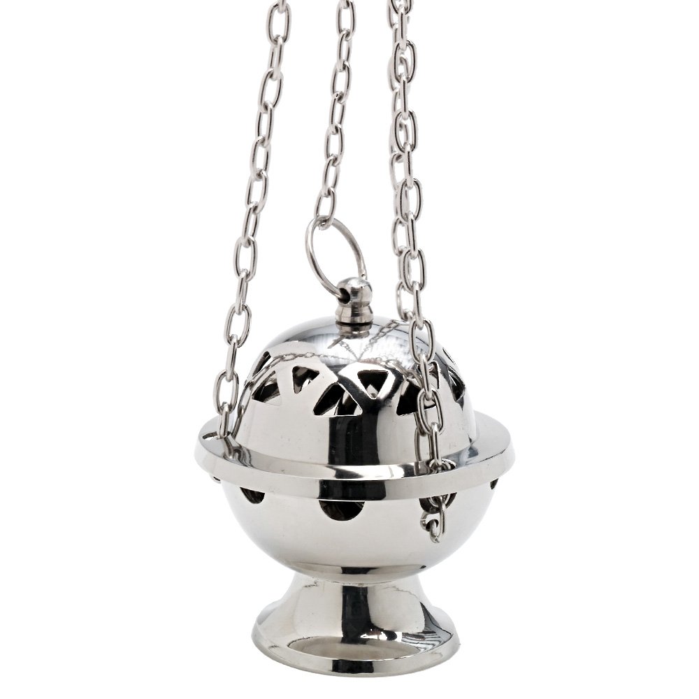 NKlaus incense burner with chain 80cm triangular brass nickel plated new 7602