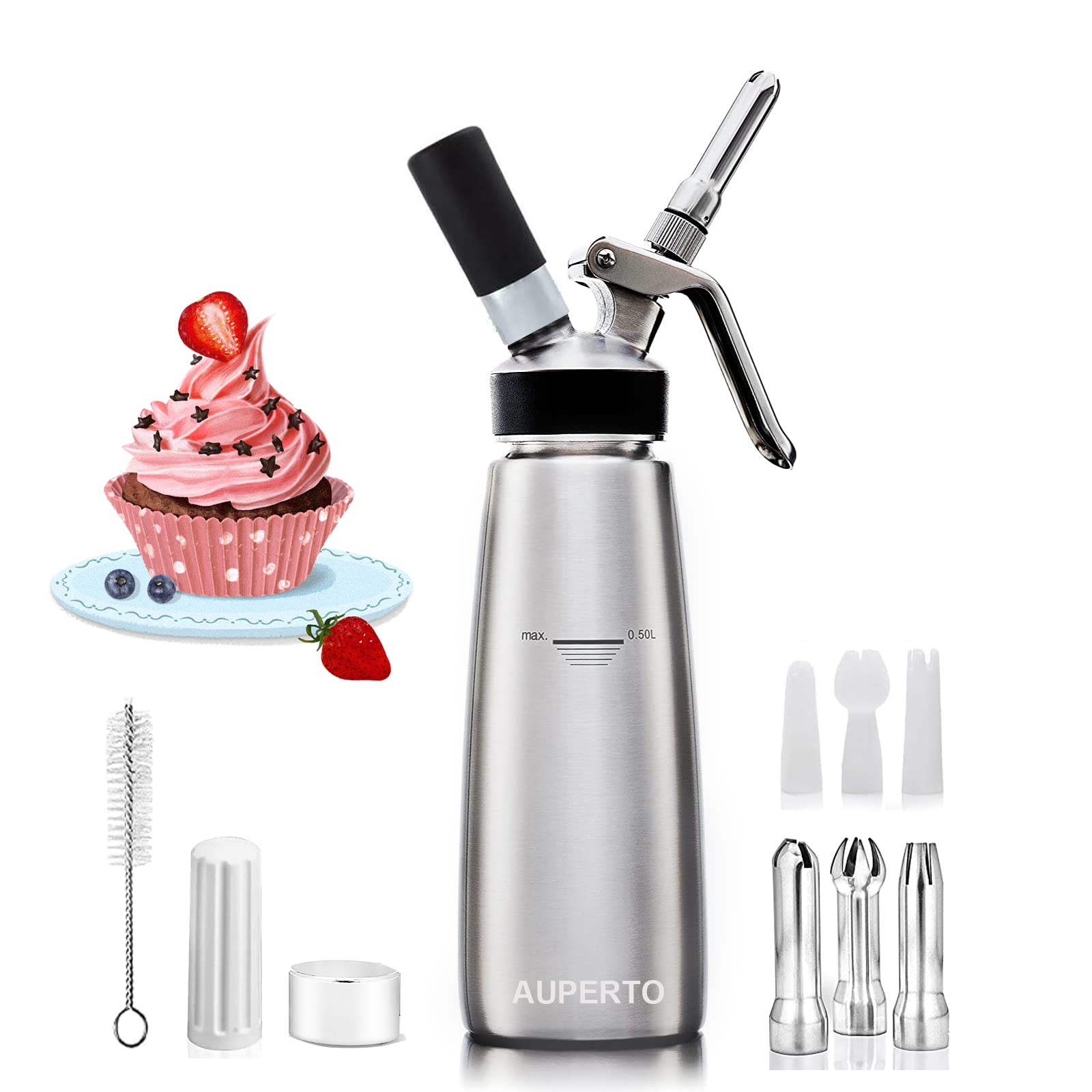 Whipped Cream Dispenser - 500ml Stainless Steel Cream Whipper Siphon with 3 Metal Decorating Nozzles/3 Plastic attachments for All Types of Dessert Decoration