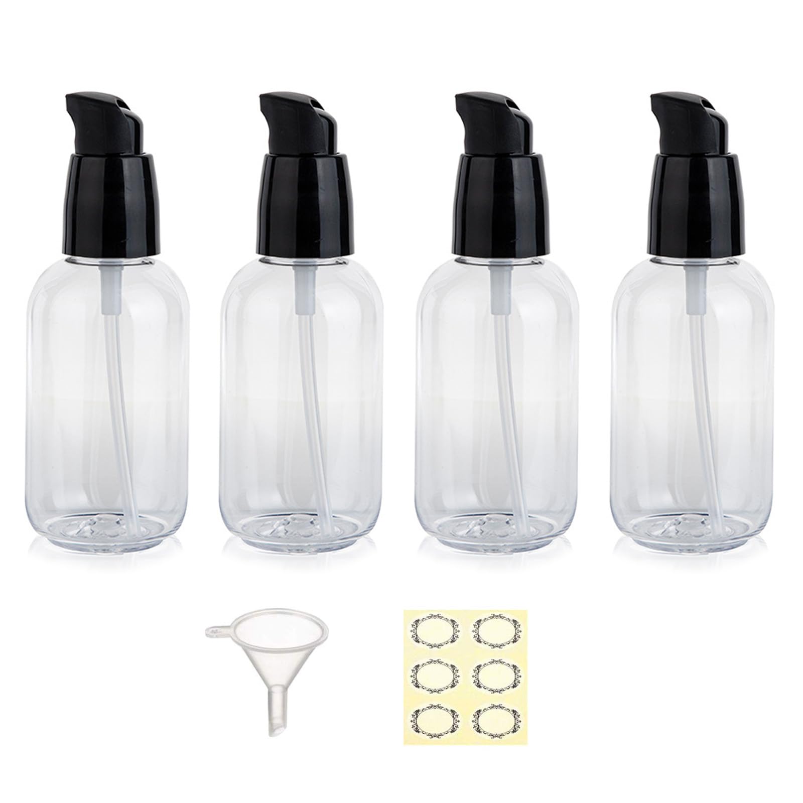Apstaqeoo 4Pcs 80Ml Empty Lotion Pump Bottle Dispenser for Toiletries TSA Approved Pump Dispenser Leak-proof Plastic Travel Bottles Container with Label & Funnel for Cleaning Shampoo Cosmetic (Clear)