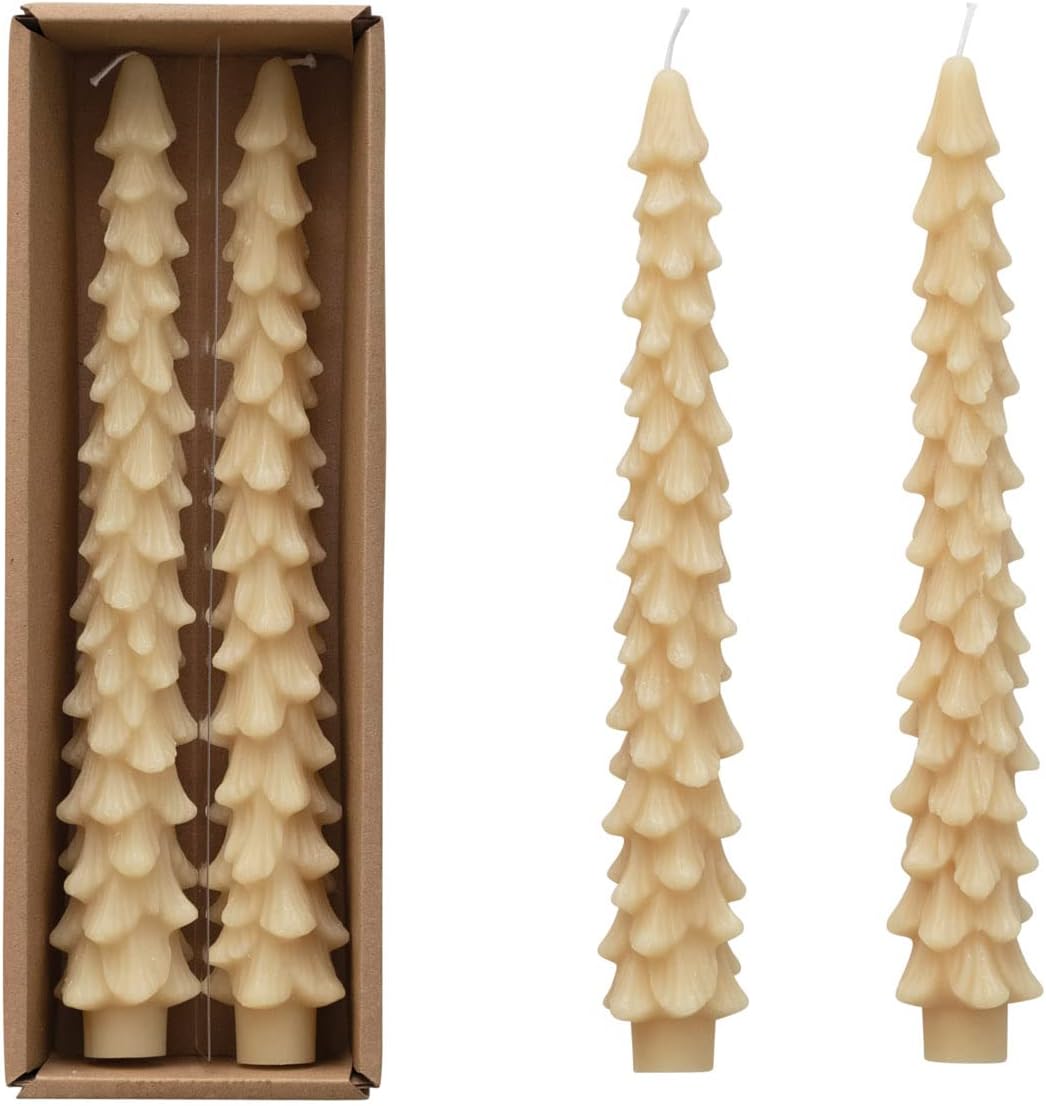 Candles & Holders - Creative Co-Op Unscented Tree Shaped Taper Candles, Eggnog Beige, Boxed Set Of 2