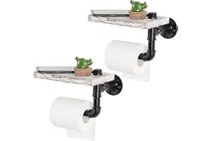 HAITRAL Toilet Paper Holder - 2 Pack Industrial Tissue Holder with Wooden Shelf Wall Mounted for Bathroom, Washroom and Cast Iron Pipe-Rustic Grey