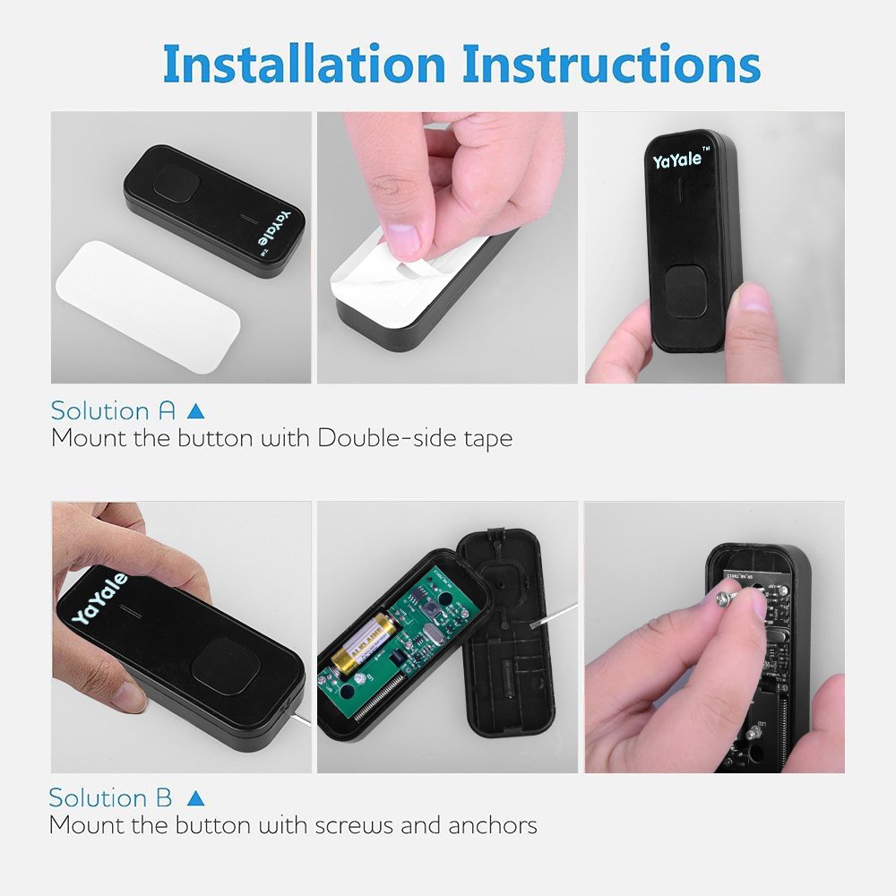 Wireless Doorbell,Waterproof Chime Kit Operating at 1000ft with 1 Push Button Transmitter（Battery included）and 2 plug-in Receivers,55 Chimes,45 Level Volume LED Indicator -Black