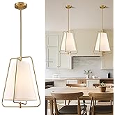 HYDELITE Vintage Gold Pendant Light with White Linen Fabric Adjustable Height Chandelier Brass for Living Room,Dining Room,Ki
