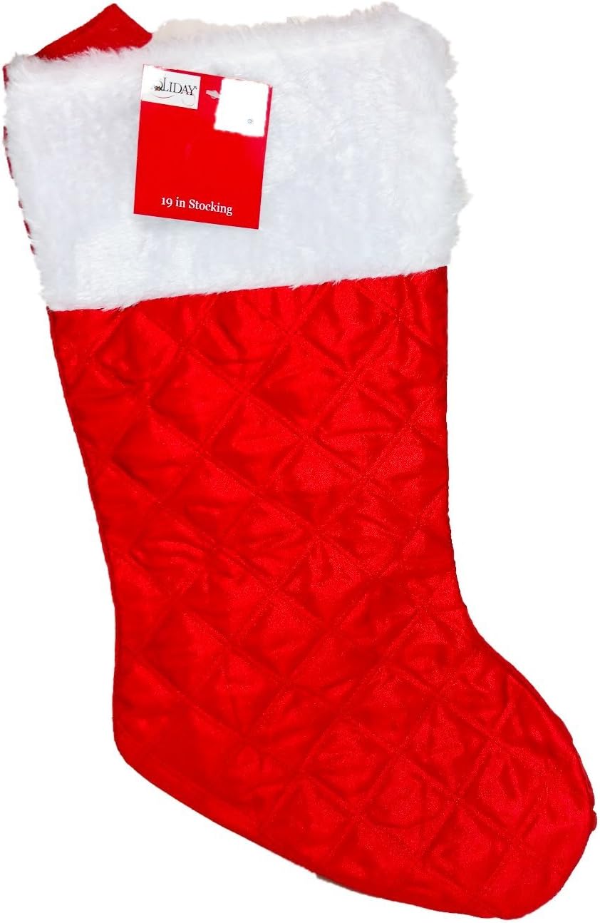 19" Red Quilted Christmas Stocking with White Fur Trim ~ Diamond Quilt Red/White