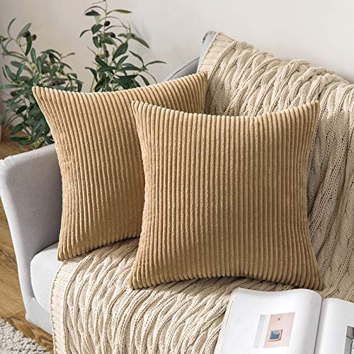 MIULEE Striped Corduroy Fabric Square Throw Pillow Case,Solid Cushion Cover Sham Home for Sofa Chair Couch/Bedroom Decorative Pillowcases 22"x22",2 Pieces Taupe