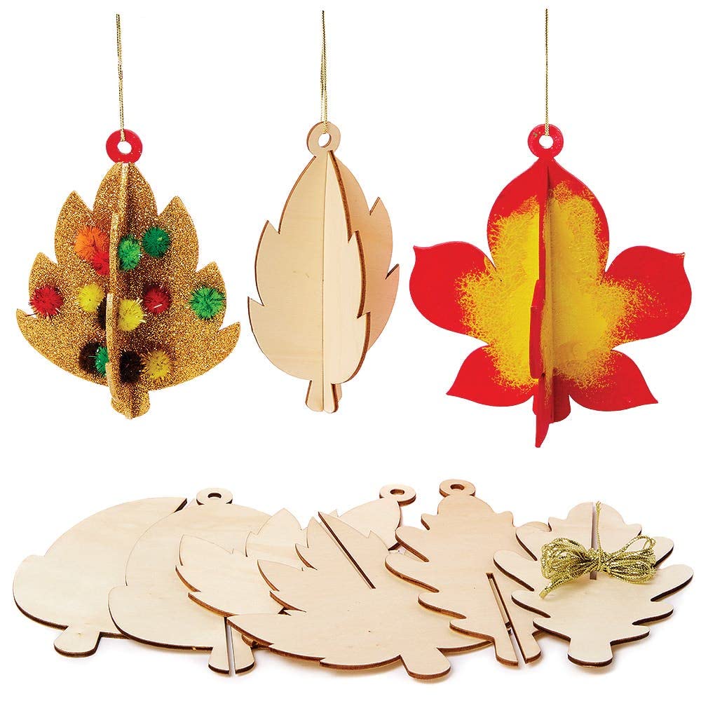 Baker Ross FX256 Autumn Wooden 3D Decorations - Pack of 6, Kids Craft Activities, Harvest Festival Decorations, Create Your Own Hanging Decoration, Gold