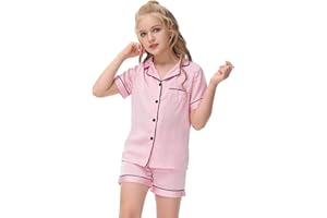 Veseacky Unisex Satin Pajamas Set Boys Girls Silk Pjs Short Sleeve 2 Piece Sleepwear Button-Down Kids Nightwear(4-13T)