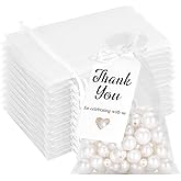 G2PLUS 50 Pcs White Organza Bags 4x6 with Thank You Tags, Drawstring Sheer Mesh Gift Bags for Wedding Favors, Bridal & Baby Shower Party Favors