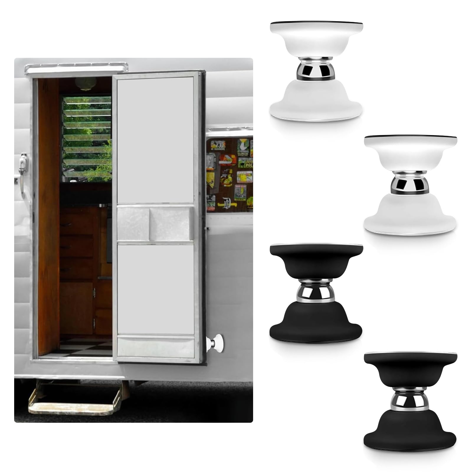 JINGEGECOME 4Pcs Rv Magnetic Door Catch, RV Door Latch Magnetic Door Holder Silicone Magnetic Door Stop, No Drilling Needed for RVs, Motor Homes, Boats and Compartments,RV Accessories (2White,2Black)