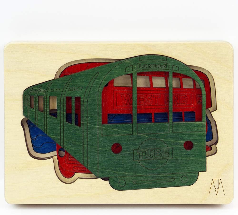 Fox Puzzles - 5 Piece London Transport - Fine Aspen Wood Tray & Frame Style Puzzle - 5 Layers - Imported from Great Britain