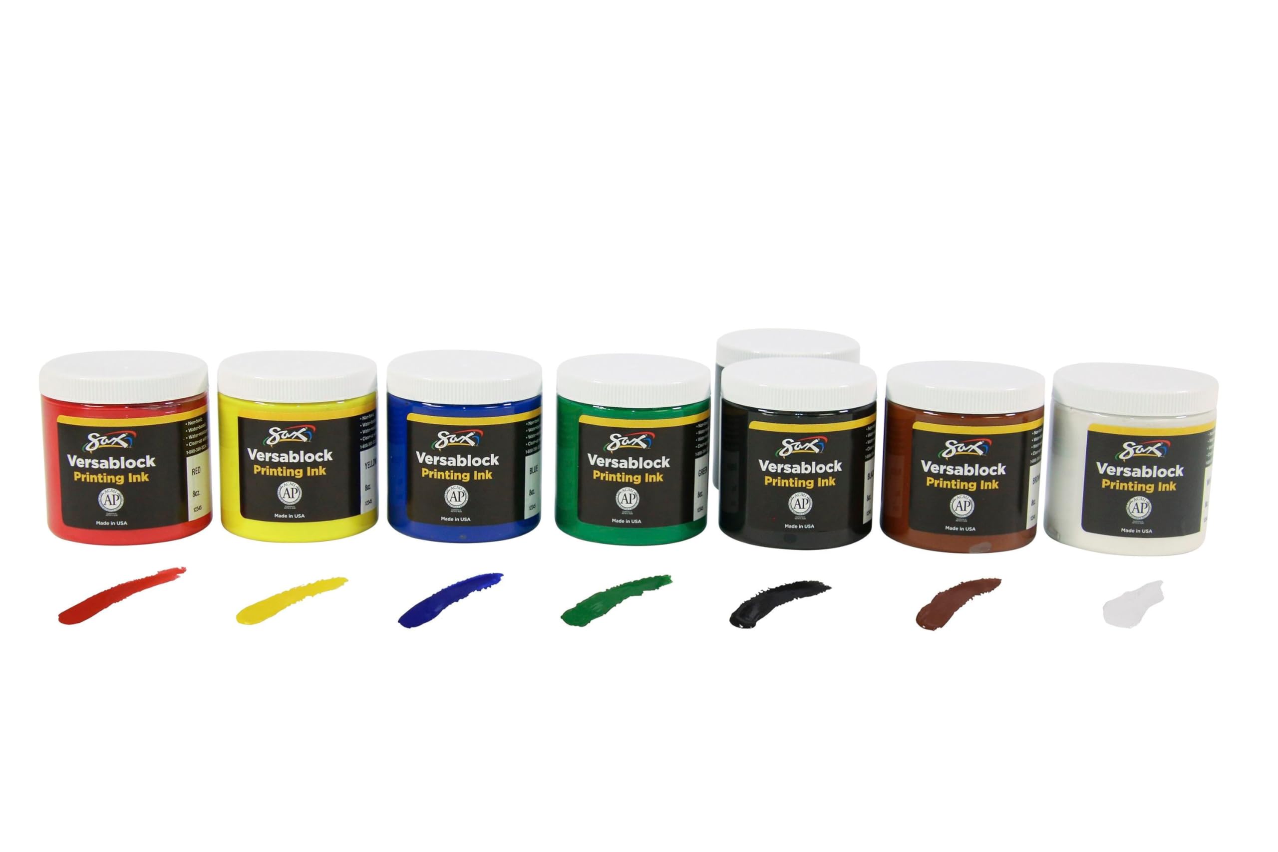 Sax Versablock Block Printing Inks for School and Arts and Crafts Use, Assorted Colors, 8 Ounce Jars, Set of 8
