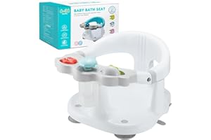 BABEXHELP Baby Bath Seat - 2 Rotating Toys + 1 Pressing Toy - Ergonomic Backrest - Side Opening Design - 4 Powerful Non-Slip Suction Cups - Ideal Gift for Infant 6 12 24 36 Months (A-White)
