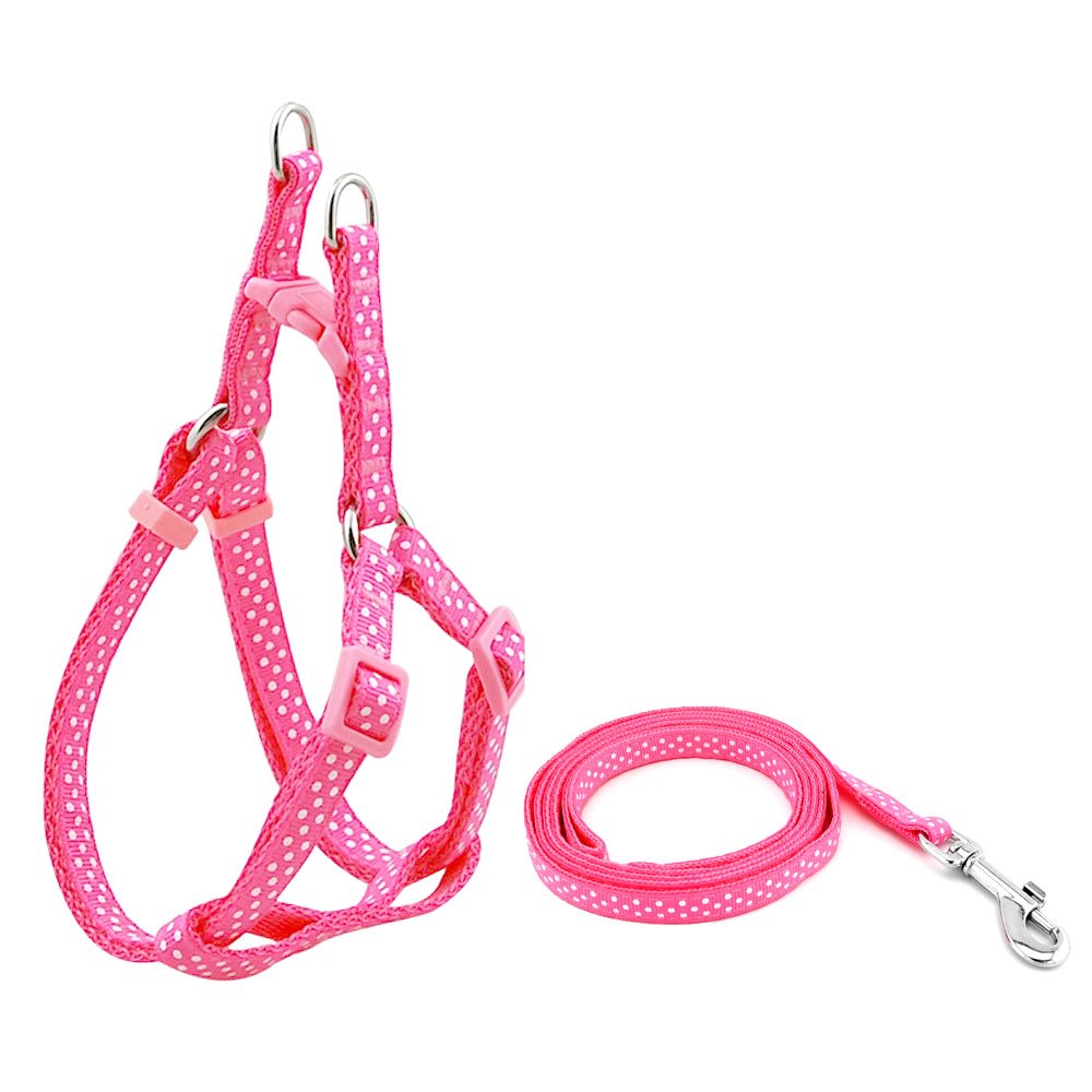 SMALLLEE_LUCKY_STORE Nylon Pet Dog Polka Dots Step-in Harness and Lead Set -adjustable chest 31-46cm Pink