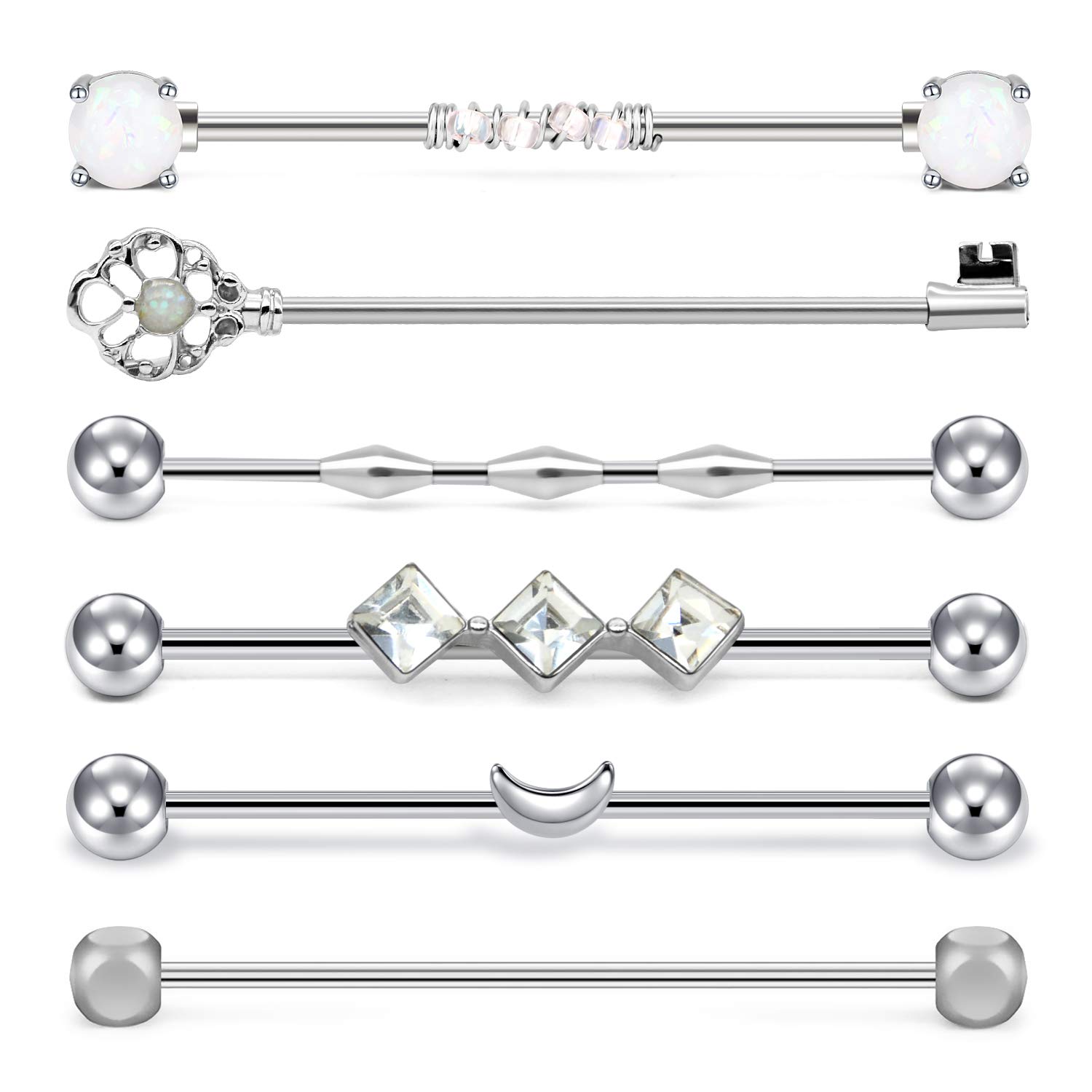 Mayhoop 6Pcs 14G Industrial Barbells Surgical Steel Opal Key Cartilage Earring Industrial Bar Silver Body Piercing Jewelry 38mm