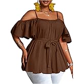 SOLY HUX Women's Plus Size Cold Shoulder Blouse Belted Peplum Top Short Sleeve Ruffle Shirts